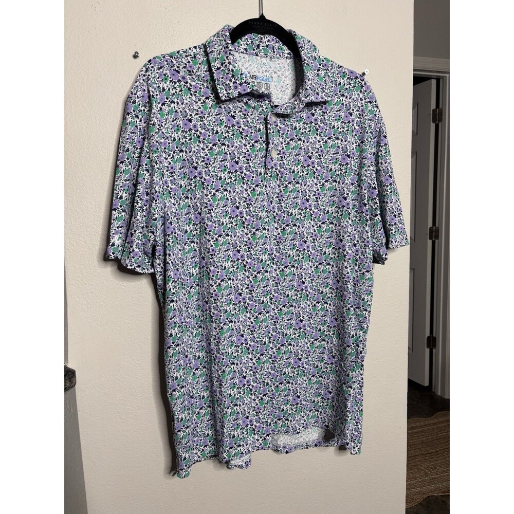 IBKUL Mens Floral Print Polo Shirt Purple Green Performance Golf Top L